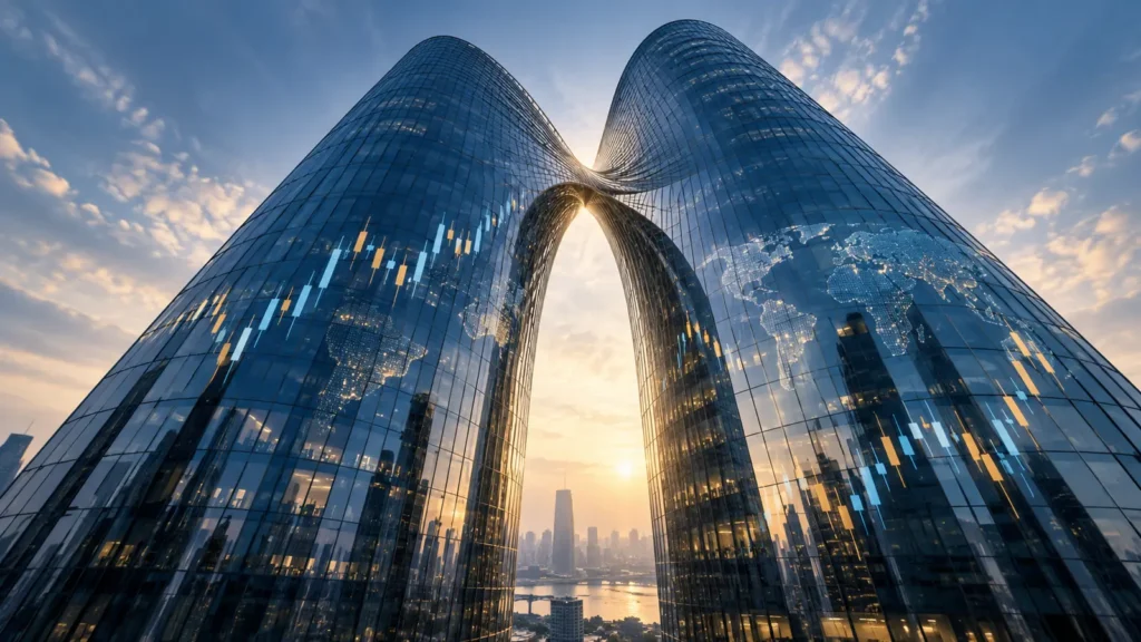 FTMO Paid $422 Million for Broker OANDA, Czech Filings Show Two glass office towers merging with forex candlestick charts and a world map, illustrating FTMO acquiring OANDA