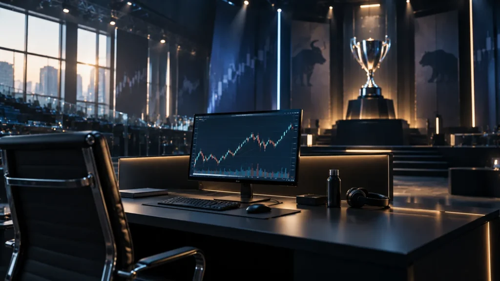 Tradeify Opens Registration for Its $1 Million Simulated Trading League Esports-style trading arena with illuminated desks and futures charts, illustrating the Tradeify Premier Trading League